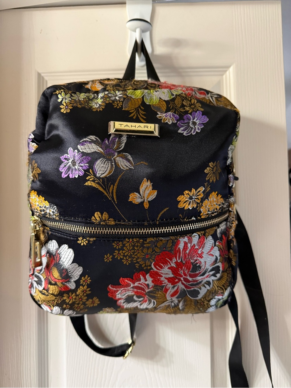 Tahari Black Satin Floral Backpack with Multicolor Embroidery